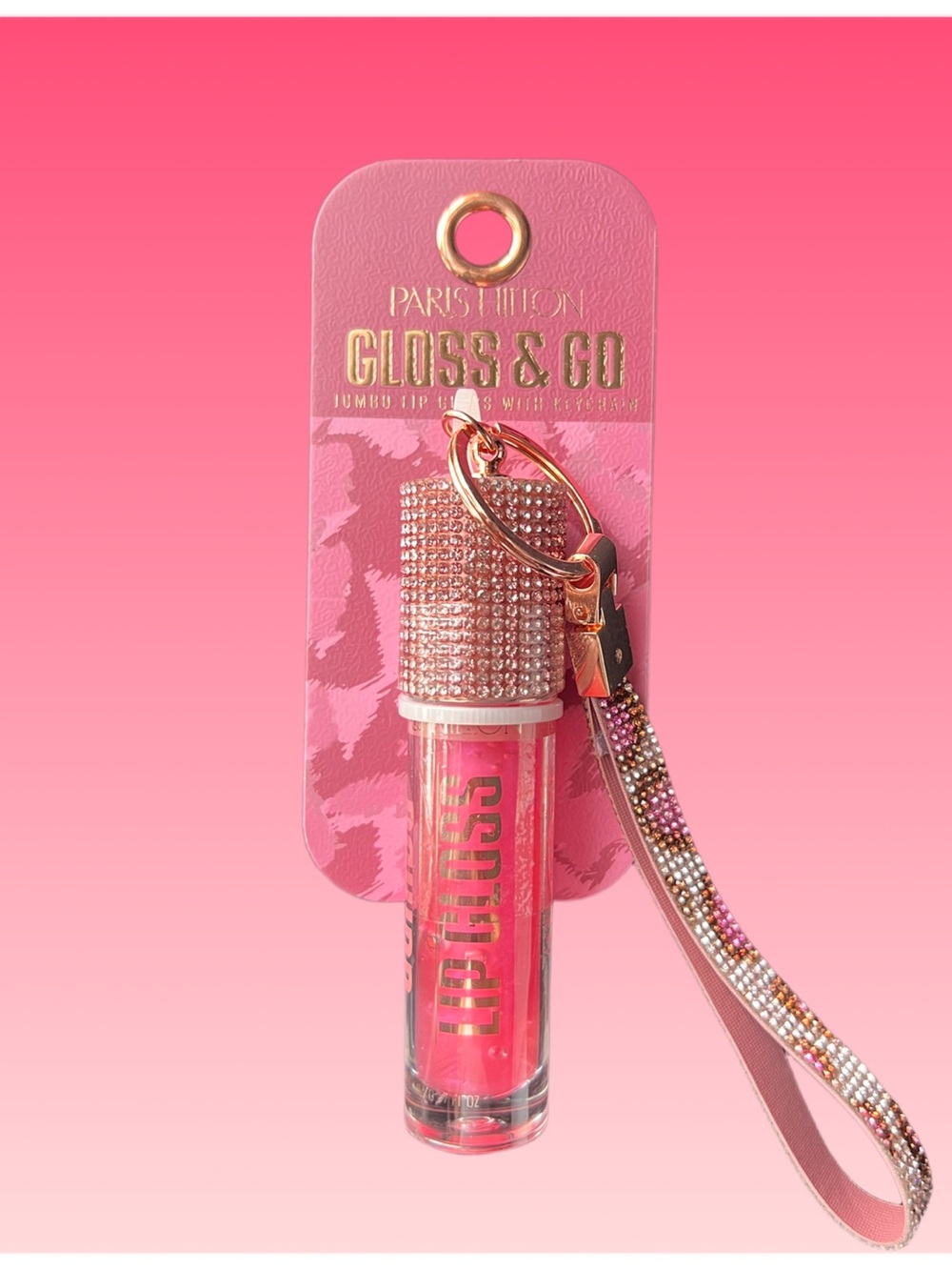 Paris Hilton JUMBO Pink Gloss & Go Lip Gloss Keychain with Jeweled Cap